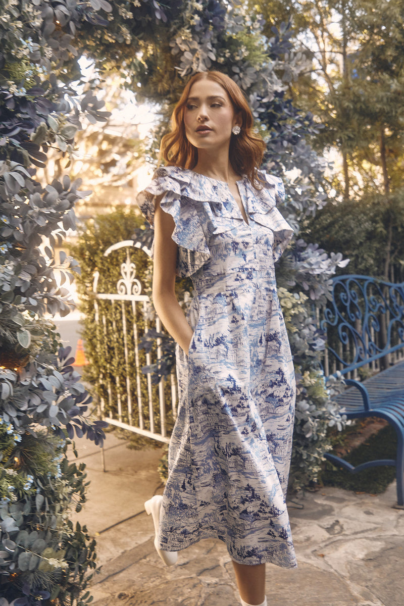 【美品】Sunflower-Printed Midi Dress(sky)(S) Vixen Sunflower Print Midi Dress in Orange | Topvintage