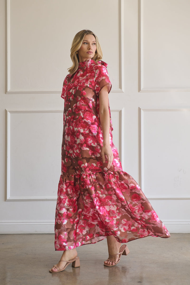 Mersin Floral Dime Organza Mockneck Maxi Dress Mersin Floral Dime Organza Mockneck Maxi Dress