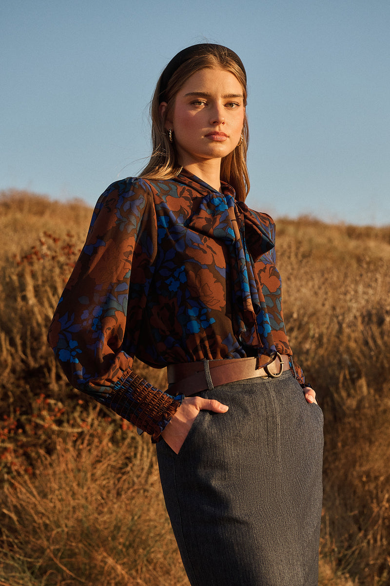Lebanon Floral Etienne Tie Neck Long Sleeve Blouse – Sugarlips