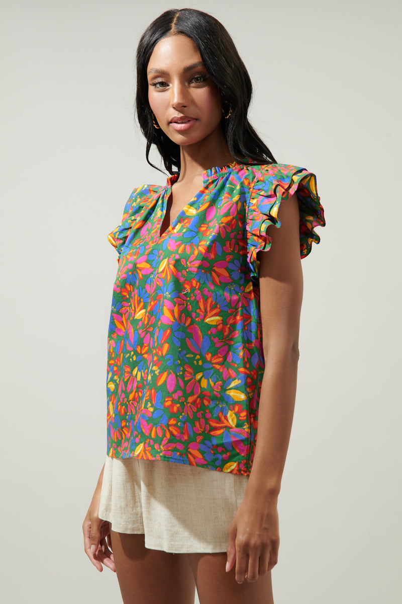 Zhade Tropics Risette Ruffle Cap Sleeve Split Neck Top