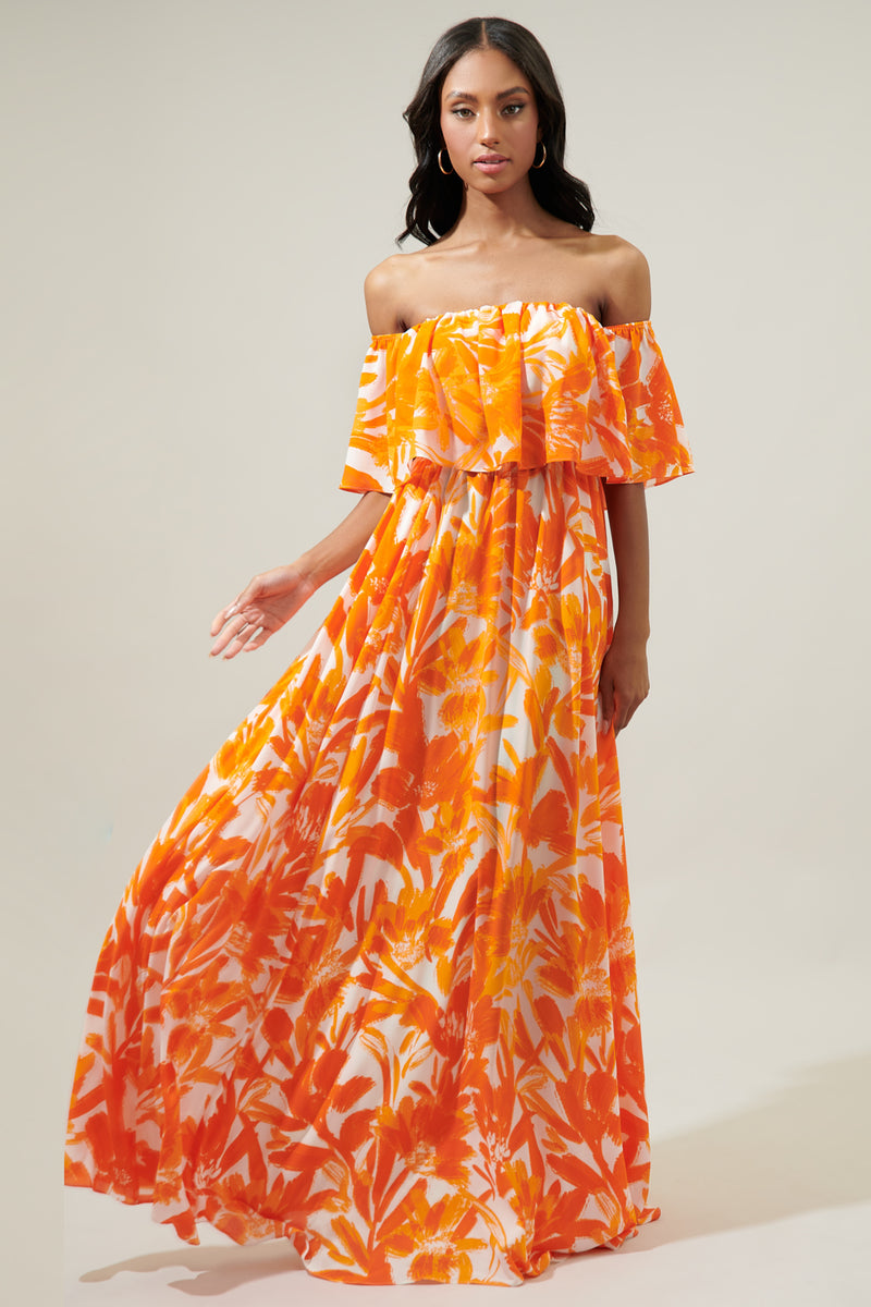 Tropical Dreamsicle Enamored Off The Shoulder Ruffle Dress Sugarlips