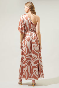 Peachy Keen Abstract Meara One Shoulder Satin Maxi Dress