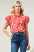 Rousseau Floral Brenna Mock Neck Ruffle Blouse