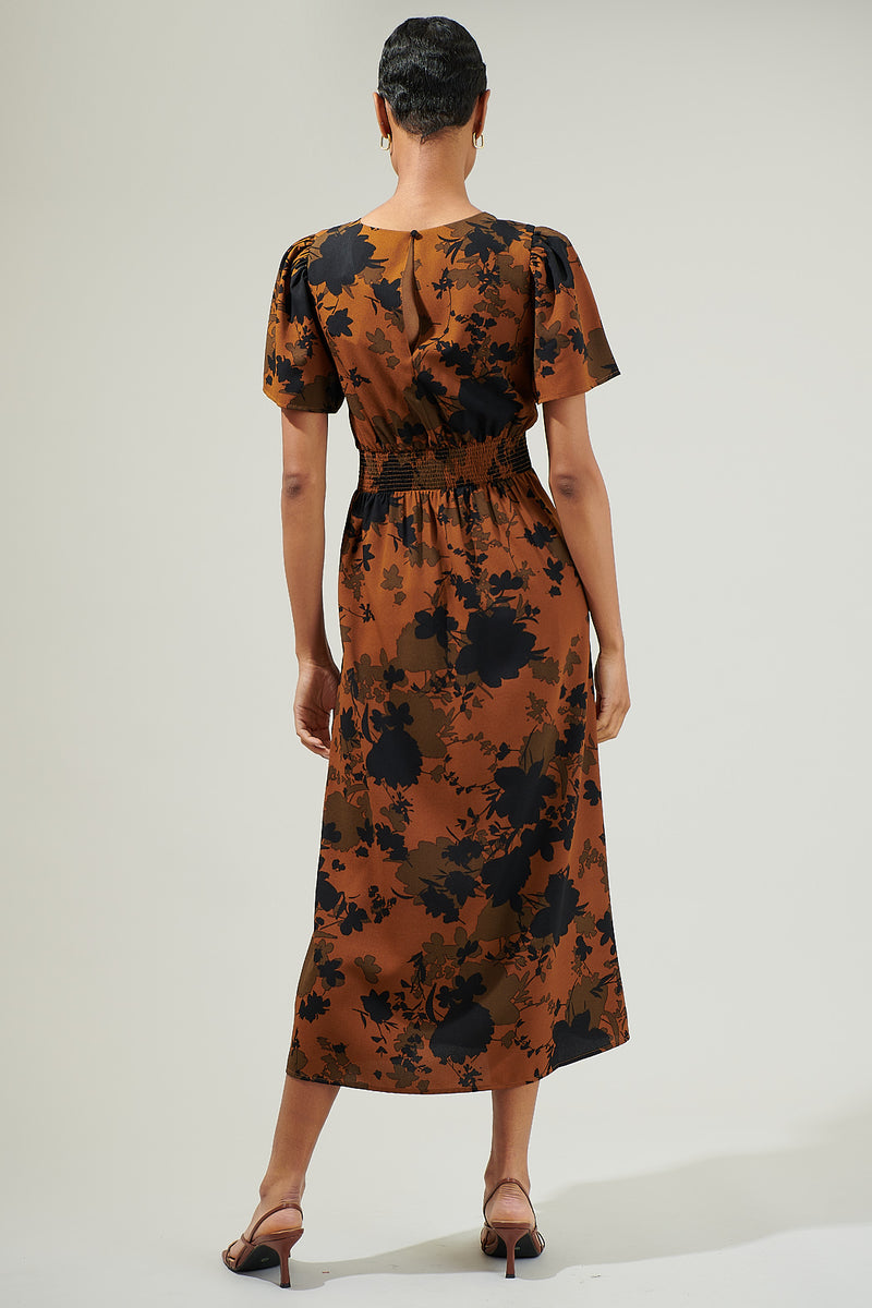 knee length dresses for ladies Windsor Romance in Bloom Floral Ruffle Slit Midi Dress in Green | Size: M main image 1