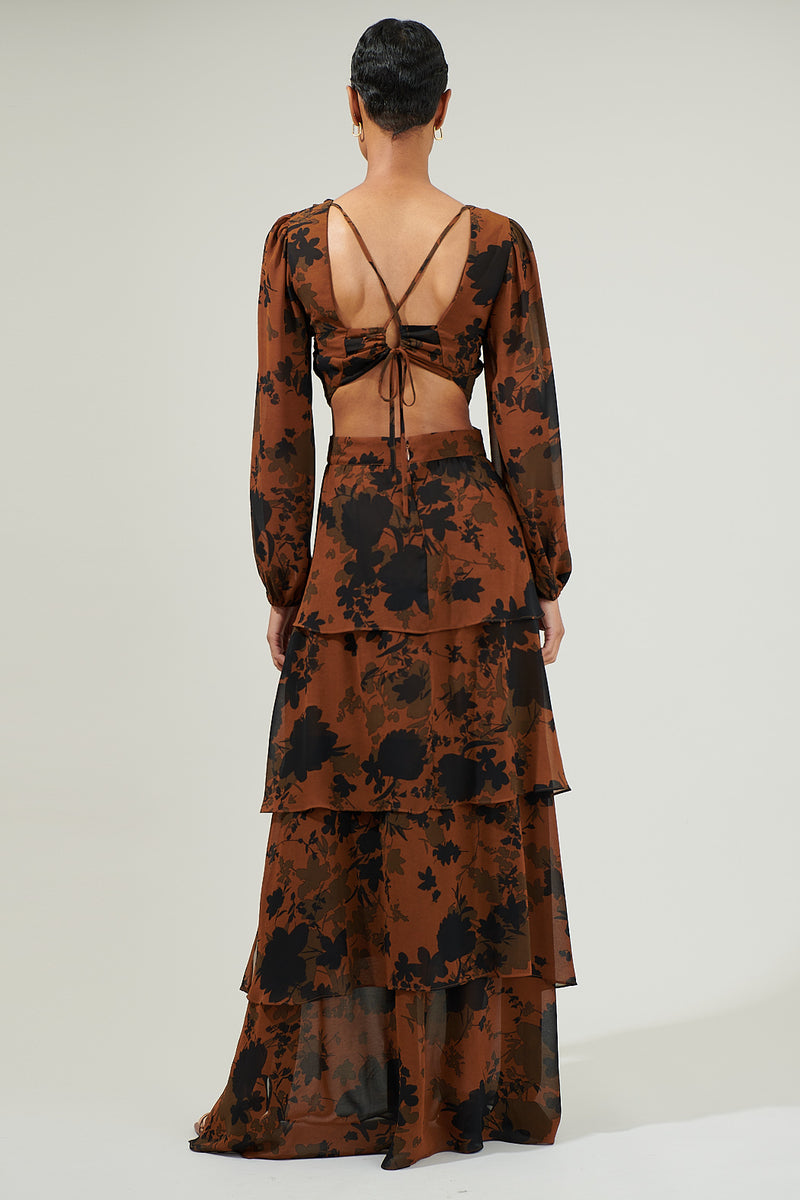 Sandra Floral-print long dress -BLK x off pt- – Estella.K