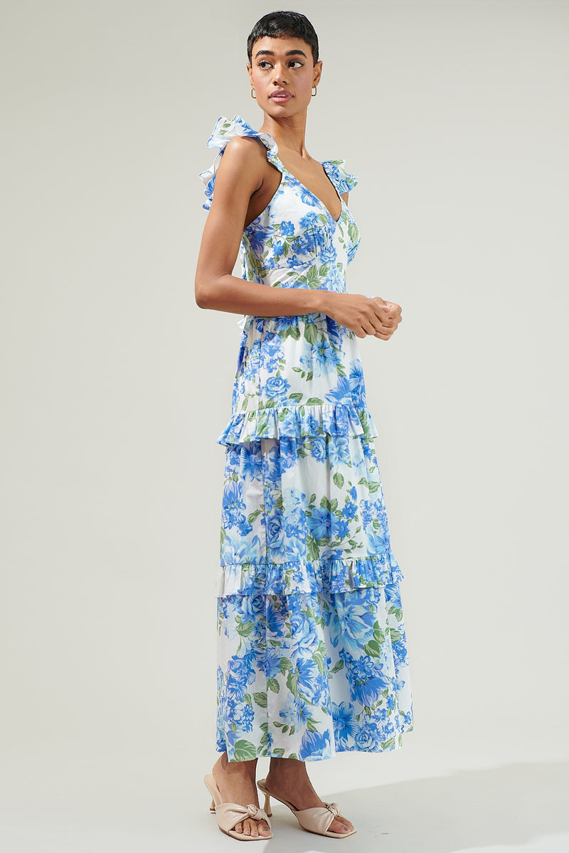 Truth Be Told Blue Floral Tiered Maxi Dress BLUE-CREAM / XL