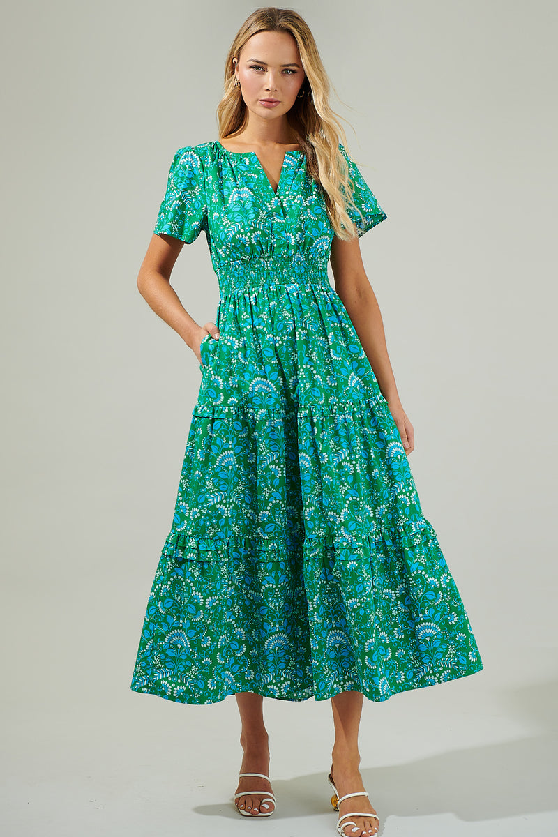 alina eyelet maxi dress Alina Floral Palmer Poplin Tiered Maxi Dress KELLY-CERULEAN / XS by Sugarlips