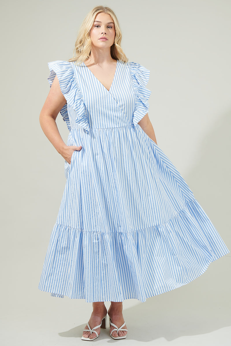 Striped Fairness Poplin Surplice Midi Dress Curve Sugarlips