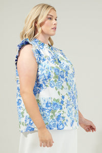 Truth Be Told Blue Floral Gabrielle Mock Neck Poplin Top Curve
