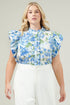 Truth Be Told Blue Floral Sleeveless Ruffle Top Curve