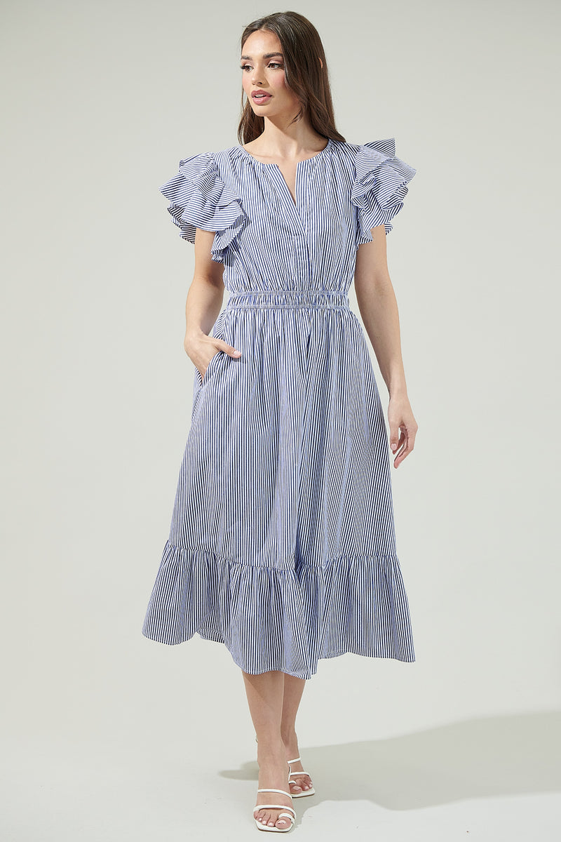 ruffle a-line midi dress in stripe poplin Ruffle A-Line Midi Dress in Stripe Poplin