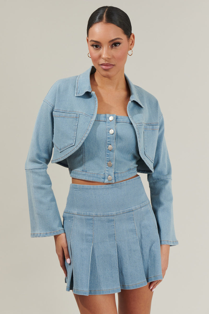 【Anyone more】Rako Blue S/S Jacket Skirt Set-up Jacket Roslyn Denim Bolero Cropped Jacket – Sugarlips