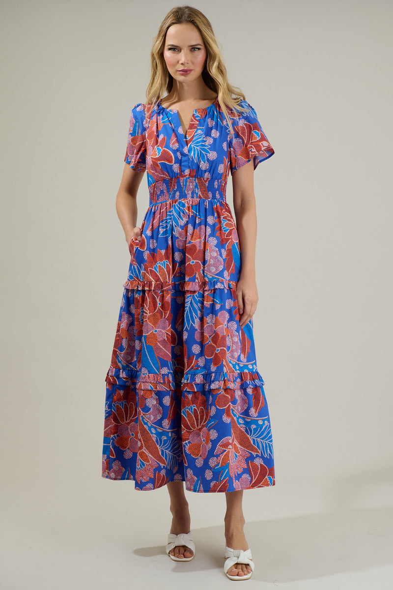 SUGARLIPS Women's Amazonia Floral Palmer Tiered Cotton Maxi Dress - Blue - Maxi dresses SUGARLIPS Women's Amazonia Floral Palmer Tiered Cotton Maxi Dress - Blue - Maxi dresses
