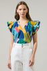 Gia Abstract Risette Ruffle Split Neck Top
