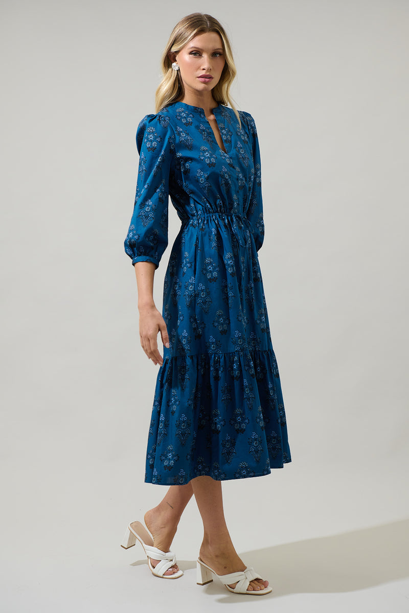 Gardena Floral Zinnia Split Neck Midi Dress – Sugarlips