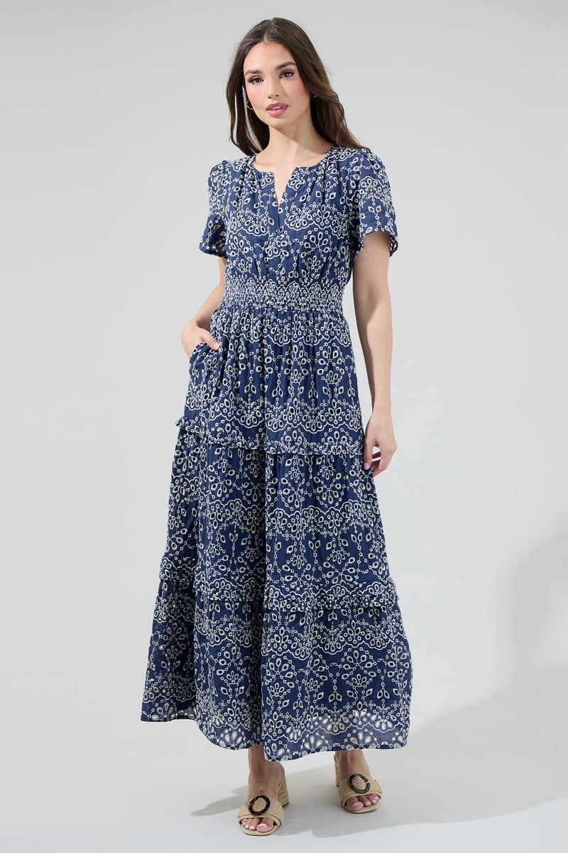 【メーカー再生品】 Viridiana Floral Eyelet Palmer Poplin Tiered Maxi Dress ワンピース