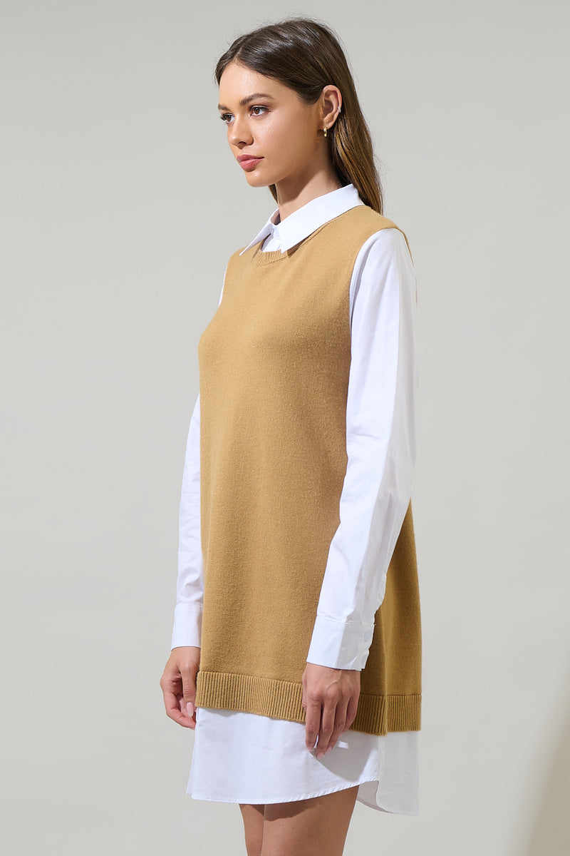Milford Mariela Sweater Vest and Poplin Dress Tan / L by Sugarlips
