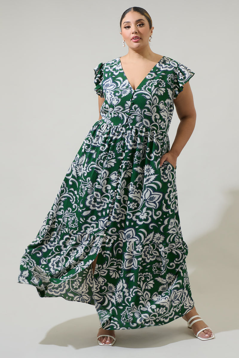 Harriet Floral Evianna Button Down Flutter Maxi Dress Curve Cream-Green / 1x by Sugarlips