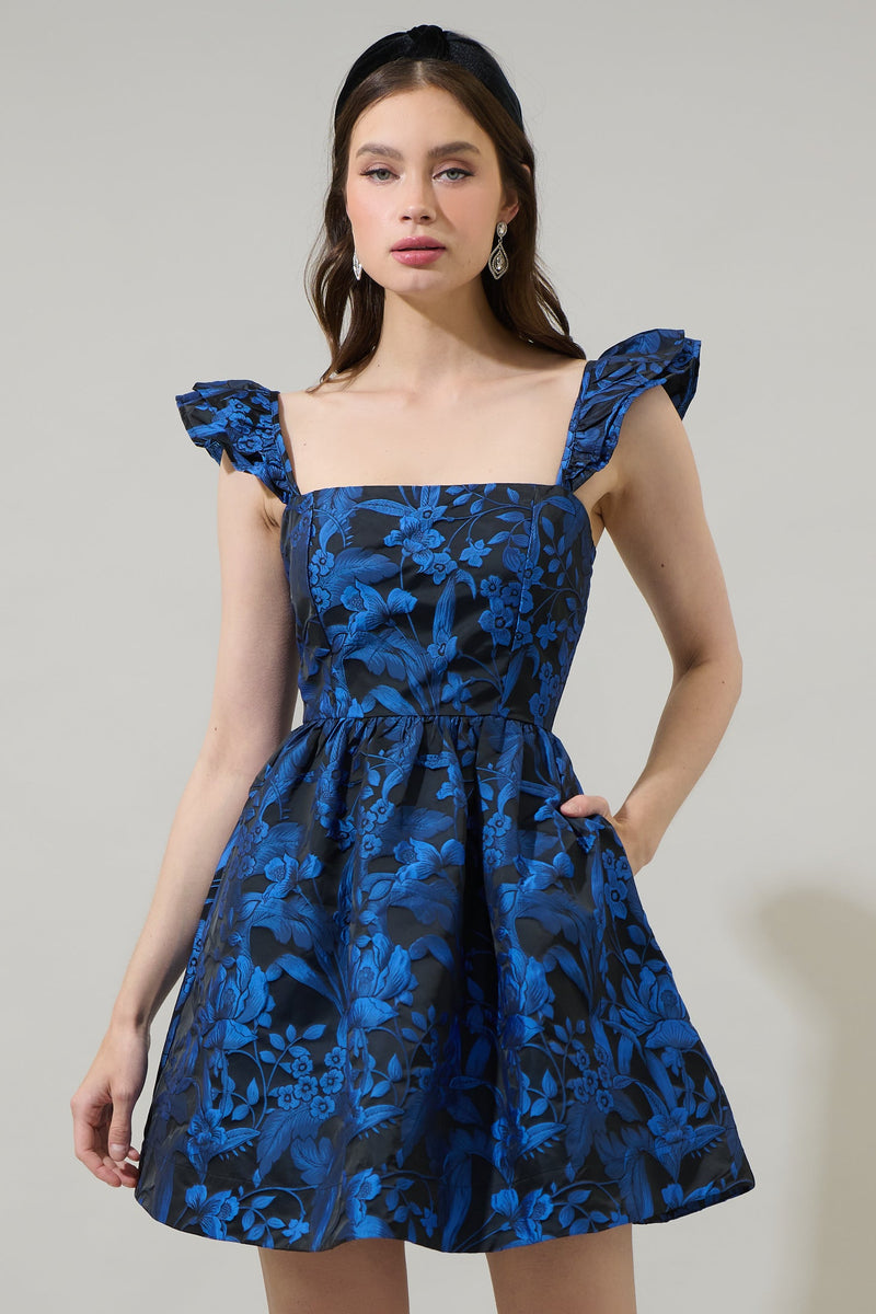 knee length dresses for ladies Entro Navy Floral Puff Sleeve Cotton Mini Dress main image 1