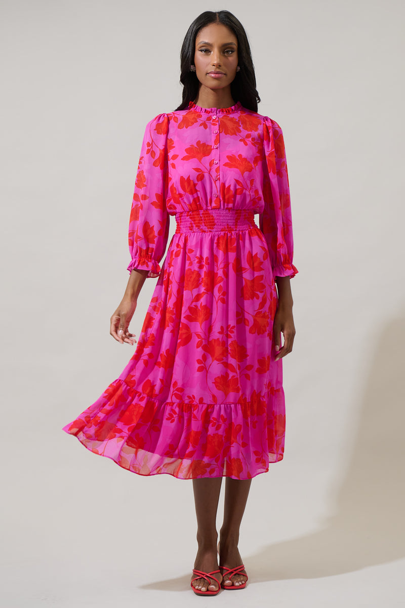 Kensie Floral Irene Smocked Midi Dress FUCHSIA-RED / L by Sugarlips