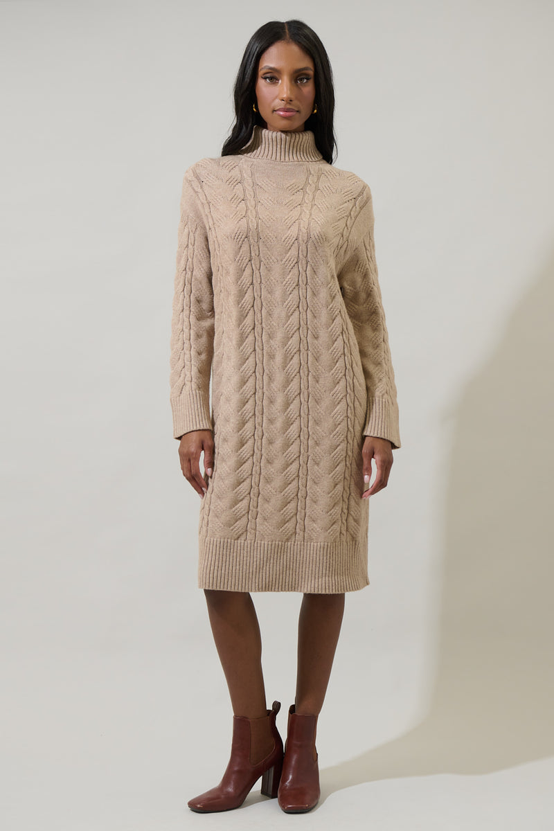 Raven Cable Knit Sweater Midi Dress TAUPE / S by Sugarlips Raven Cable Knit Sweater Midi Dress TAUPE / S by Sugarlips