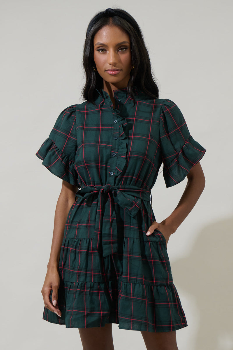Brook Plaid Cottonwood Ruffle Button Down Mini Dress GREEN-MULTI / M