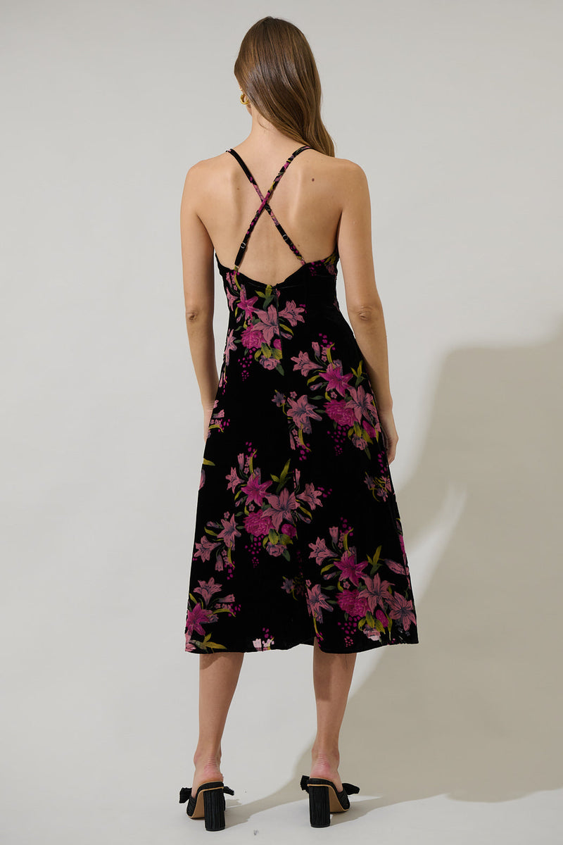sylvia floral prairie midi dress Sylvia Floral Midnight Parting Ways Midi Dress – Sugarlips