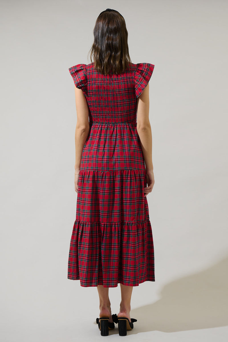 green emerald velvet dress Arvada Plaid Sunfire Smocked Bodice Tiered Midi Dress – Sugarlips