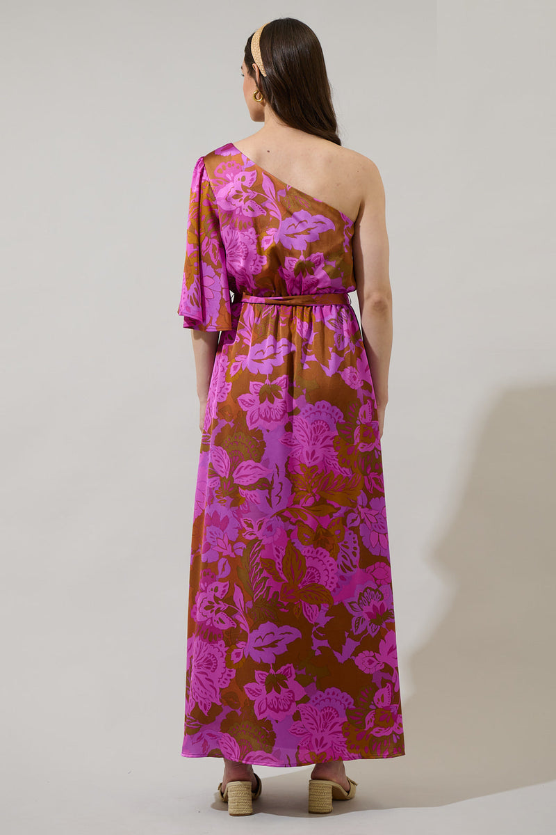 knee length dresses for ladies Lorian Floral Meara One Shoulder Satin Maxi Dress RUST-MAGENTA / Xs by Sugarlips