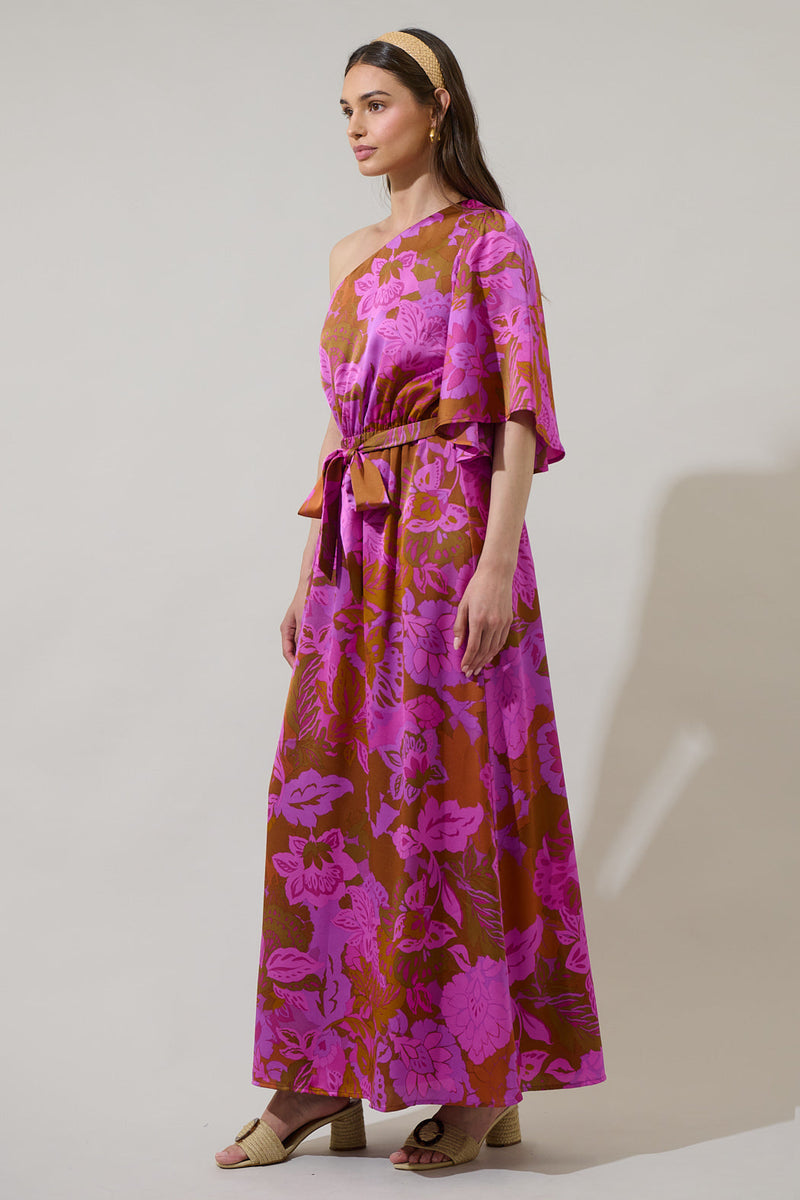 Lia Satin Multi Color One Shoulder Maxi Dress