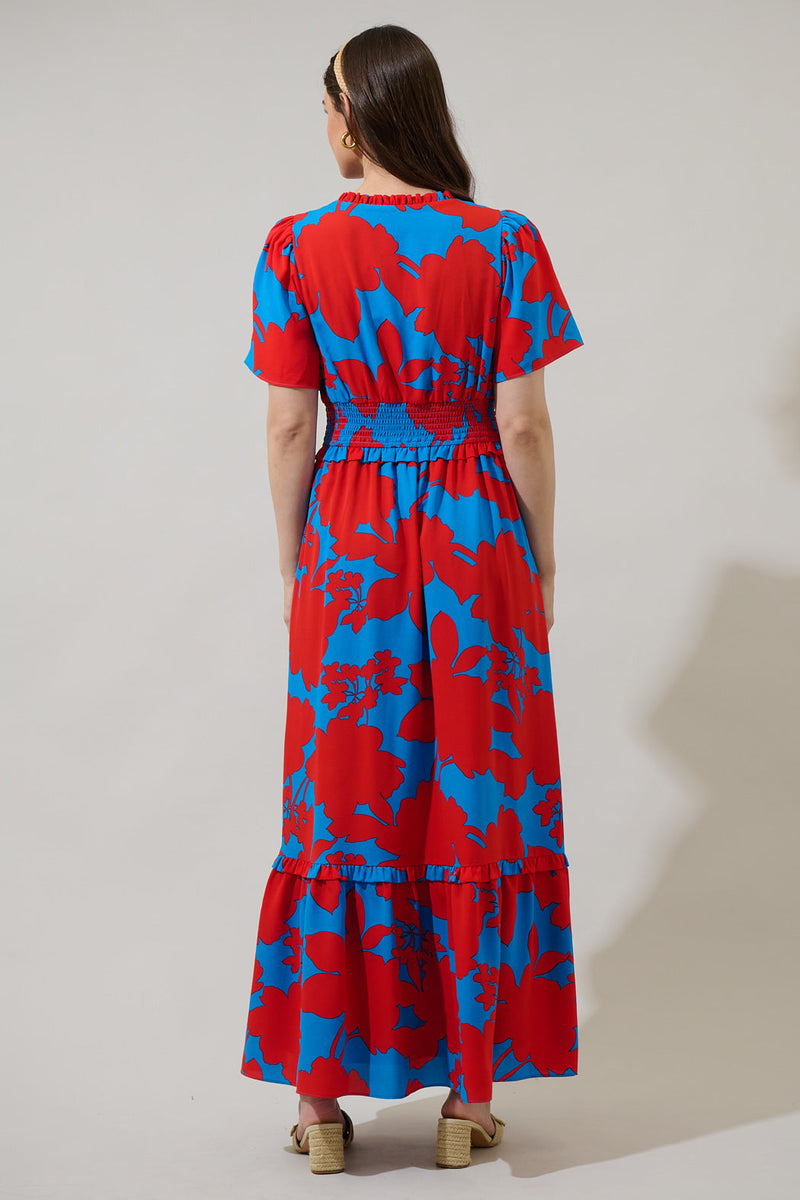 Vianca Floral Valencia Split Neck Maxi Dress BLUE-RED / L