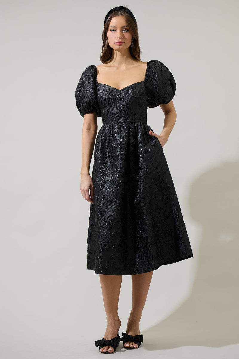 Danica Jacquard Alessi Puff Sleeve Midi Dress – Sugarlips