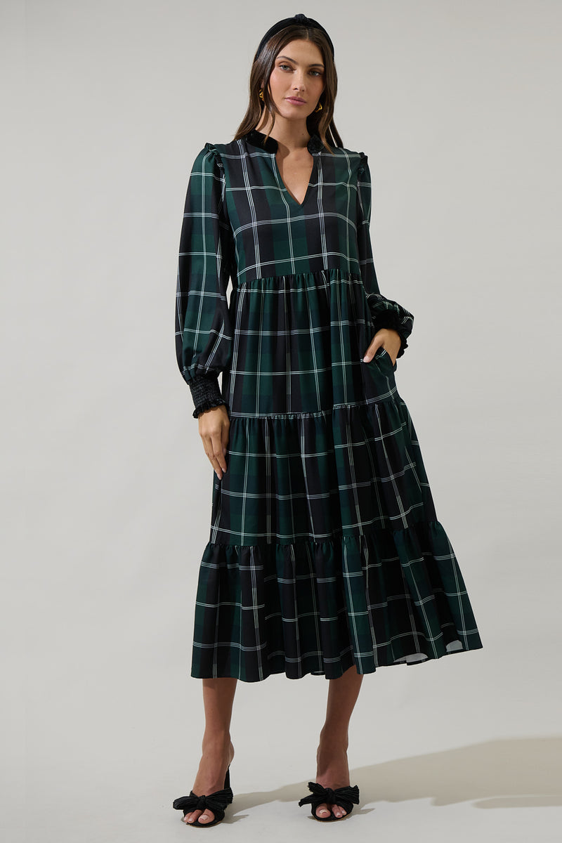 Sugarlips Hampshire Plaid Dress New Fall Styles Puff Sleeve Slight newest Open Tie Back