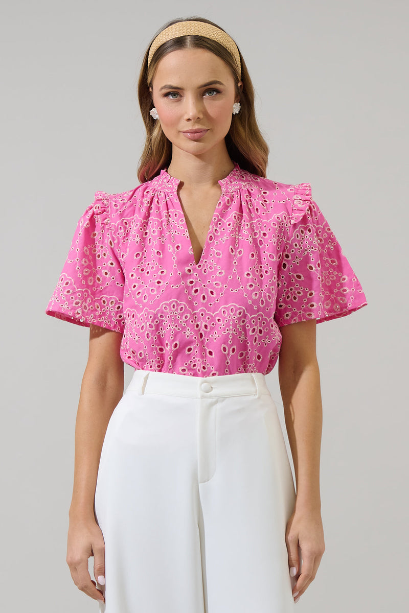 Rosie Eyelet Mei Split Neck Top – Sugarlips