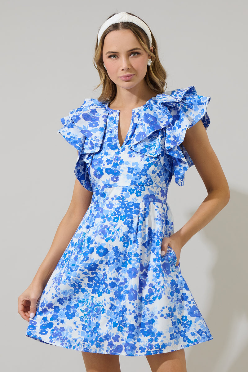 ruffle collar cloud print mini dress Andela Indigo Cloud Mini Dress Indigo Cloud / XXS