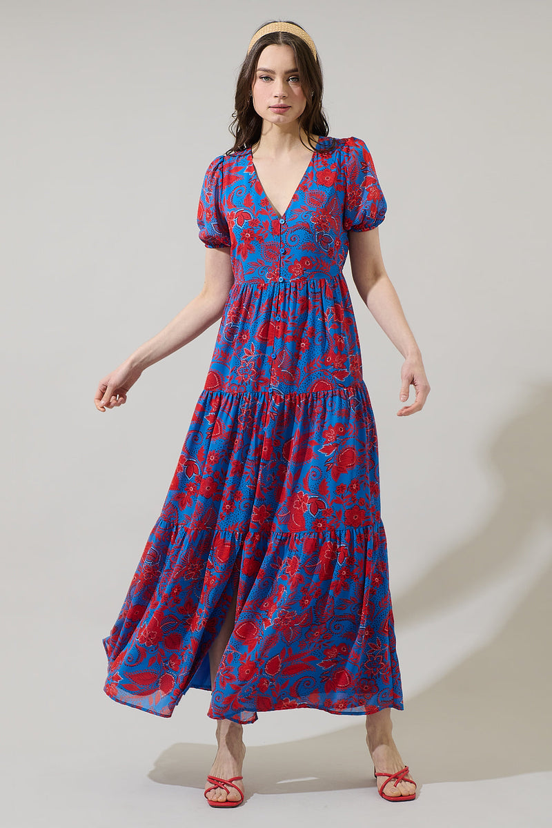 Calla Floral Monaco Long Tiered Maxi Dress cobalt-Red / Xs by Sugarlips