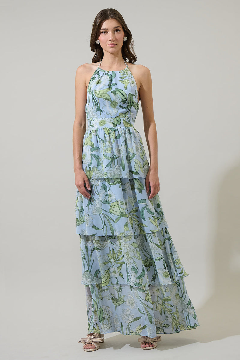 Serenade Bloom Seana Tiered Maxi Dress WHT-GREENS / M by Sugarlips