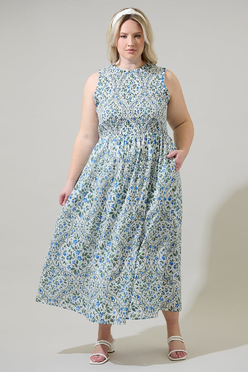 Hilo Floral Cecil Smocked Midi Dress Curve WHT-BLUE-GREEN / 1x by Sugarlips