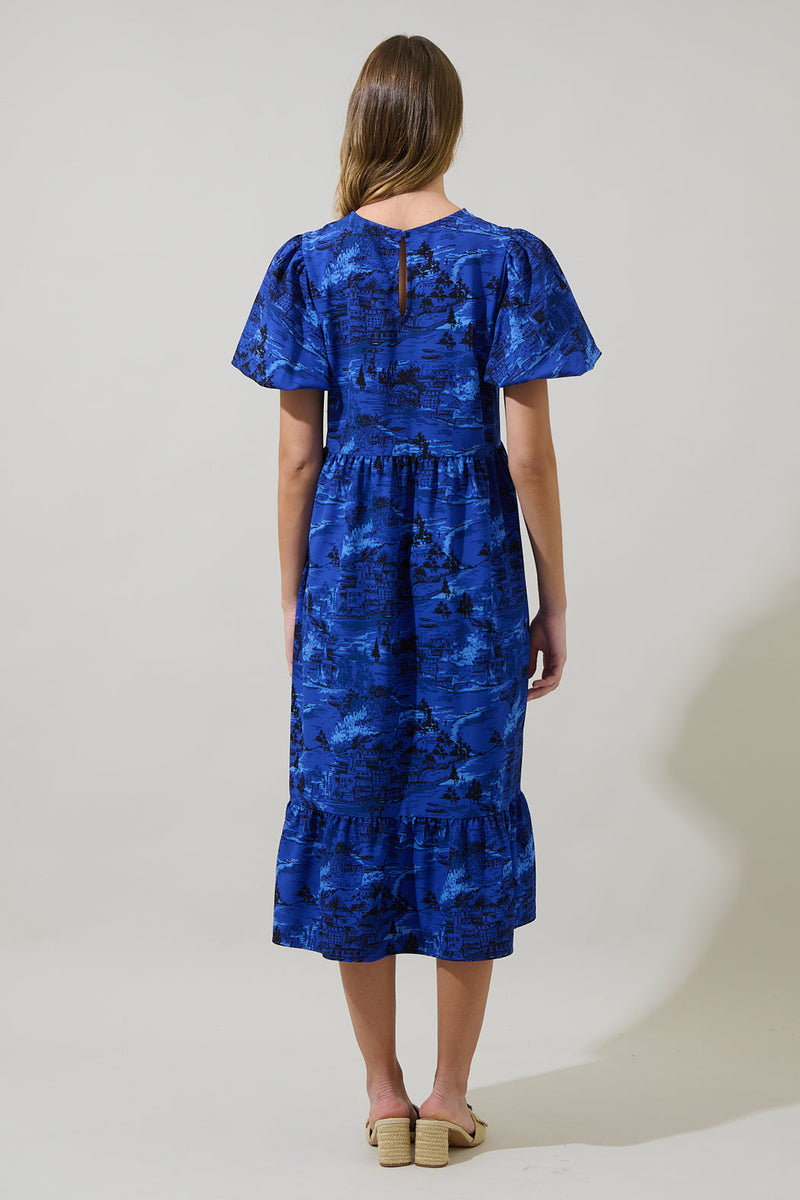 ワンピース Blue tweed papillon chain flare dress City Swiss Papillon Puff Sleeve Midi Dress – Sugarlips