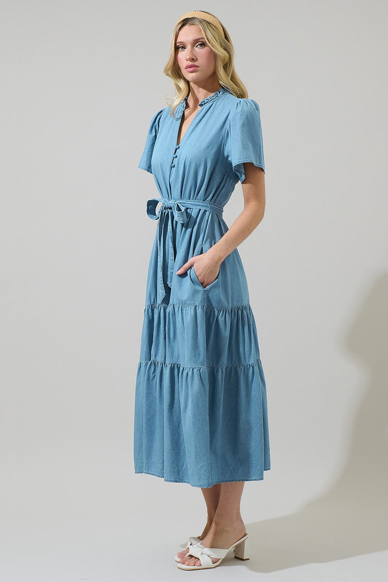 Skylah Chambray Britt Tiered Midi Dress – Sugarlips