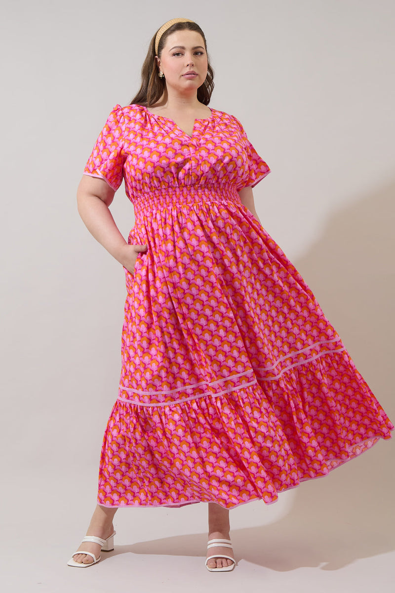 Plus Size Formal Dresses LANE BRYANT WOMEN'S PINK SHORT SLEEVE SMOCKED  WAIST FIT FLARE DRESS Sz