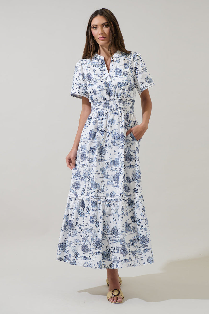 Renzo Toile Belraj Poplin Maxi Dress WHT-BLUE-MUL / XS