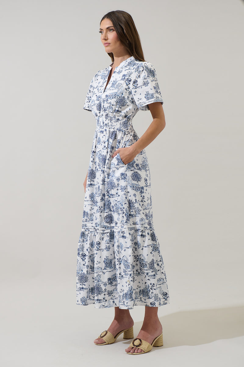 Renzo Toile Belraj Poplin Maxi Dress WHT-BLUE-MUL / XS by Sugarlips