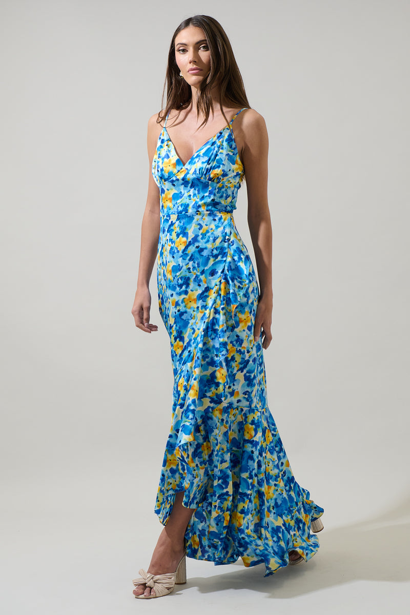 Zia Floral Satin Doris Ruffle Maxi Dress – Sugarlips