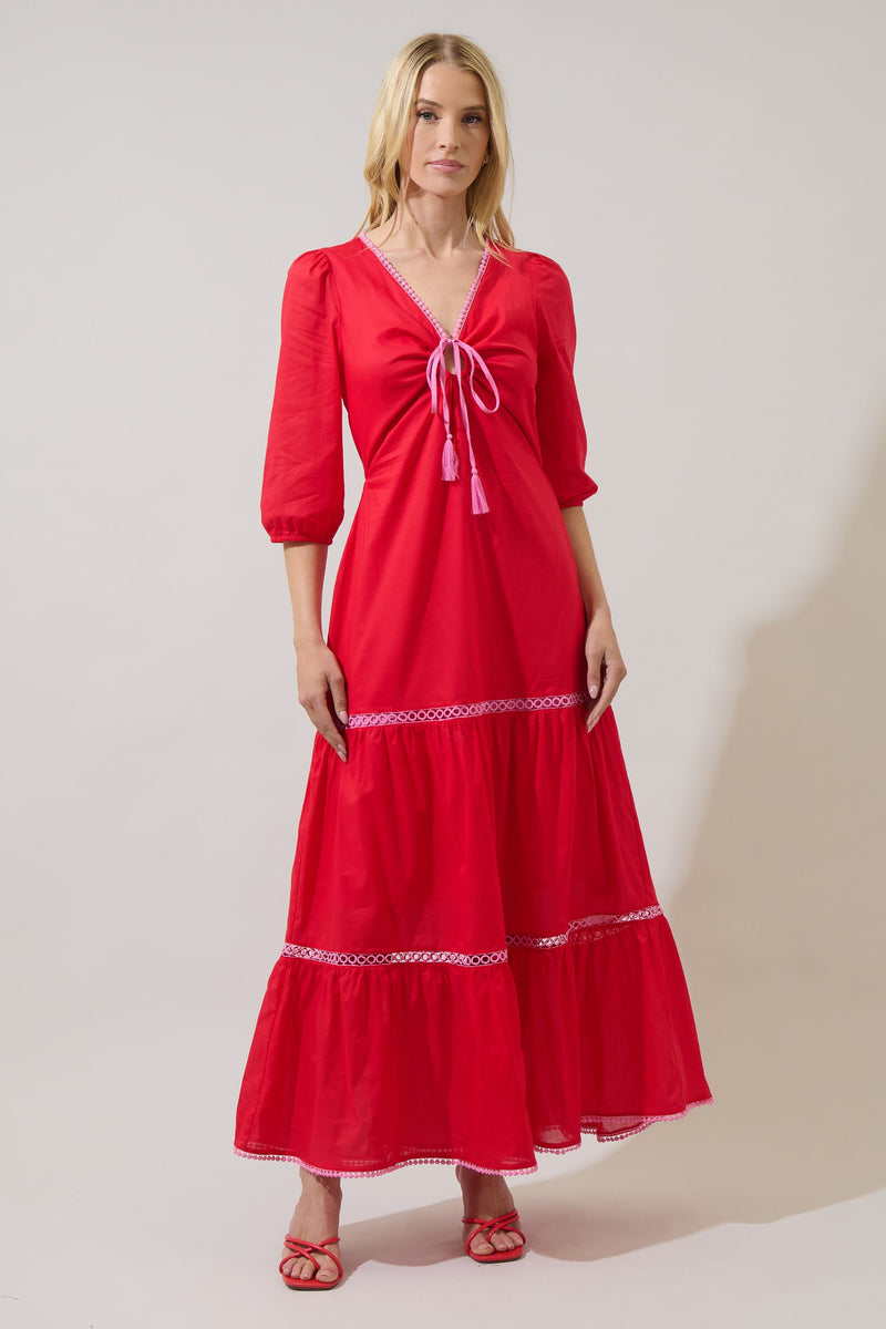 sugarlips maxi dress Nerina Tiered RED / M Momyknows Brown Mesh Ruched Style:CM1460DK18 Elastic waist Color:Limoncello/Multi