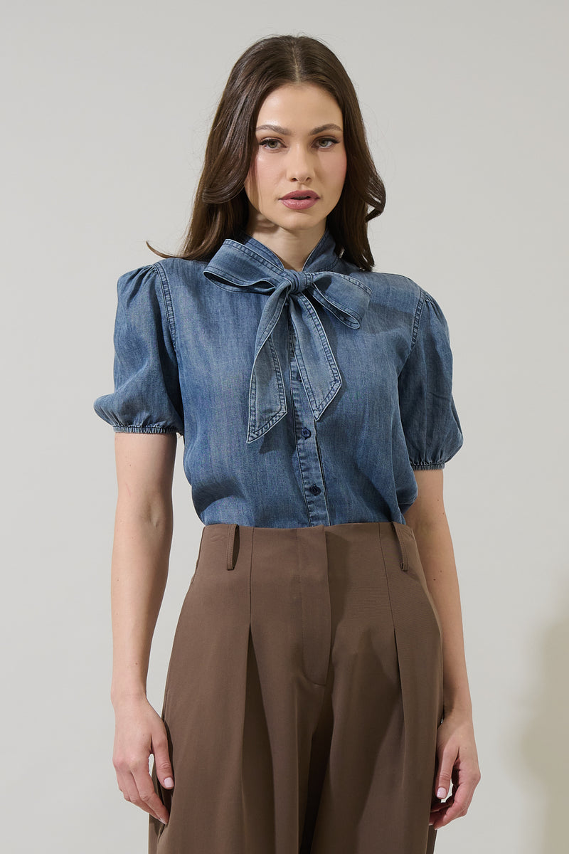 Georgina Chambray Button Front Bow Top – Sugarlips