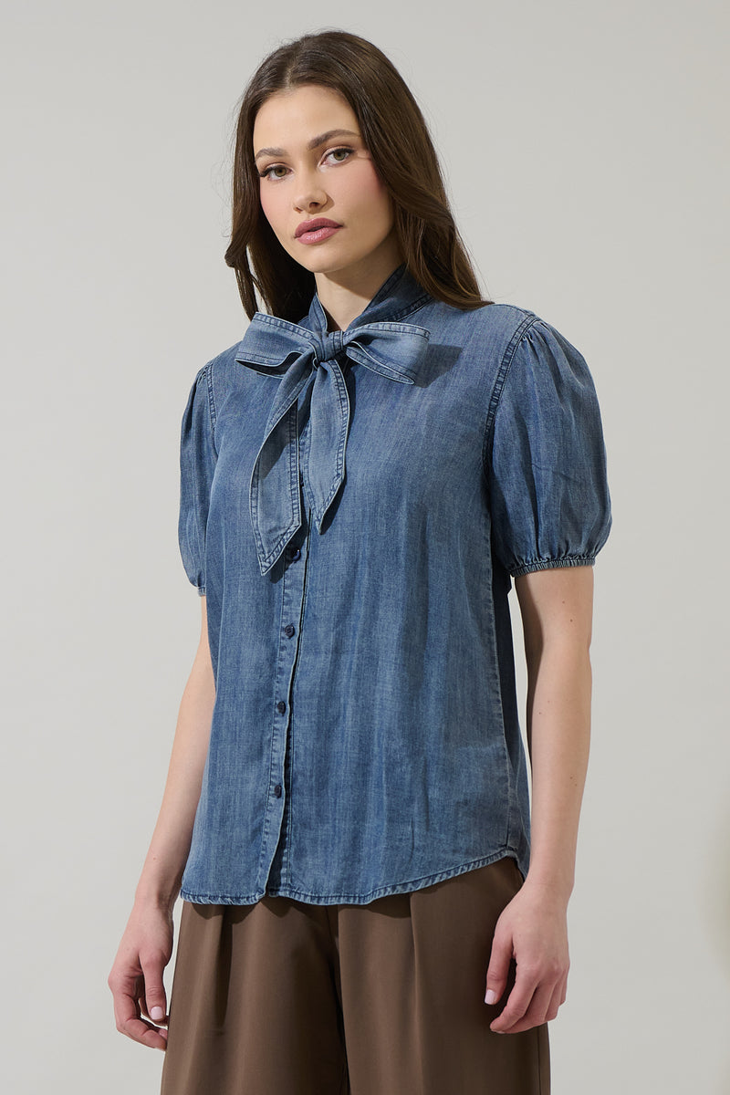 Georgina Chambray Button Front Bow Top – Sugarlips