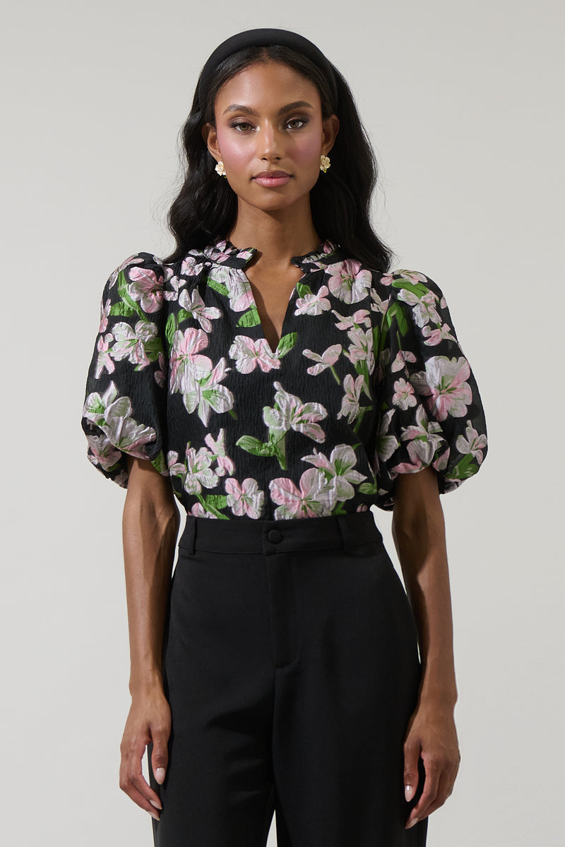Elsinore Floral Jacquard Split Neck Top – Sugarlips
