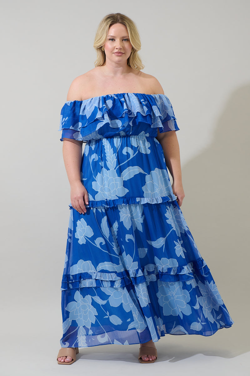 blissful glamour blue floral tiered off-the-shoulder maxi dress Seabloom Floral Gauri Off Shoulder Maxi Dress Curve – Sugarlips