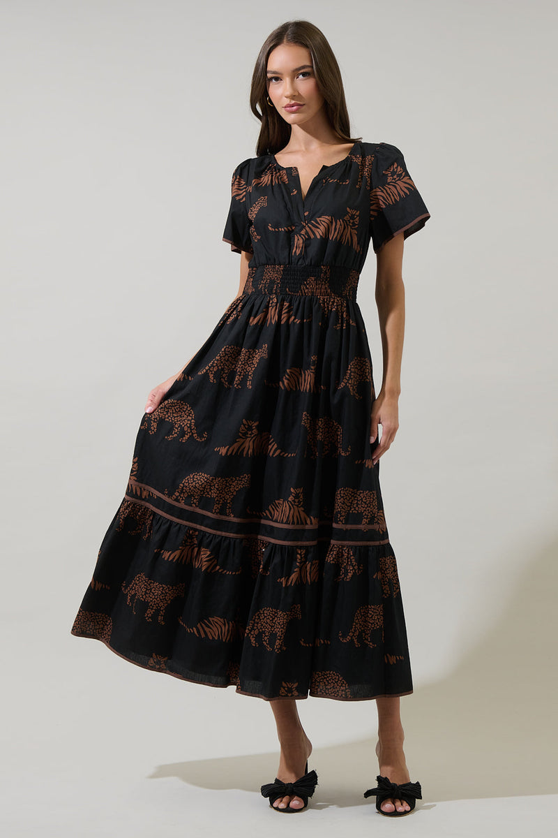 Zenzi Jungle Ordy Smocked Midi Dress – Sugarlips